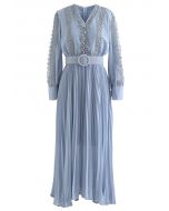 Crochet Trimmed Belted Pleated Chiffon Dress in Blue