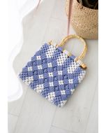 Bamboo Handle Two-Tone Woven Handbag in Blue