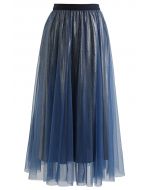 Pearlescent Lining Mesh Tulle Maxi Skirt in Navy