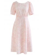 Shirred Cutout Back Blossom Jacquard Dress in Pink