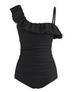 Ruffle Trim Ruched Swimsuit in Black