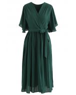 Faux Wrap Tie Waist Pleated Midi Dress in Dark Green