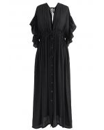 Ruffle Sleeves Deep V-Neck Cover Up in Black