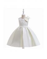 Beaded Flower Side Bowknot Princess Dress in White For Kids
