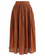 Glimmer Pleated Elastic Waist Midi Skirt in Caramel