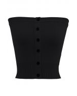 Buttoned Front Strapless Crop Knit Top in Black