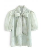 Shimmer Organza Embroidered Posy Bowknot Top in Pea Green