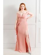 Off-Shoulder Cascade Ruffle Split Satin Gown in Pink