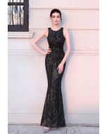 Open Back Flower Lattice Sequined Gown in Black