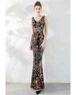 Floral Vine Sequined Mesh Mermaid Gown in Gold