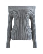 Courtly Off-Shoulder Fuzzy Crop Knit Top in Grey