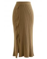 Side Twist Knitted Pencil Skirt in Camel