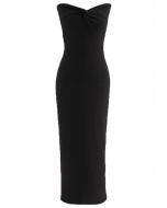 Knotted Front Fitted Knit Dress in Black