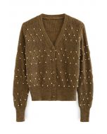 Diamond Texture Pearl Decor Knit Cardigan in Brown