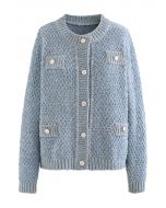 Sequins Trim Mohair Knit Cardigan in Blue