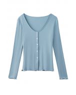 Heart-Shape Button Trim Fitted Top in Blue