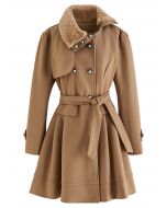 Faux Fur Collar Double-Breasted Skater Coat in Tan