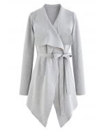 Wide Lapel Tie Waist Knit Cardigan in Grey