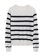 Versatile Round Neck Striped Knit Sweater in White