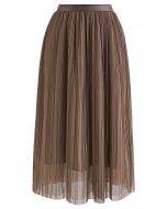 Plisse Double-Layered Mesh Tulle Skirt in Brown