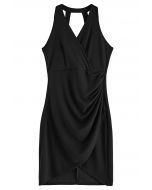 Tulip Hem Ruched Wrap Dress in Black