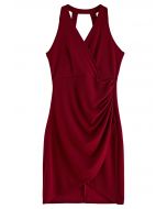 Tulip Hem Ruched Wrap Dress in Burgundy