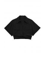 Front Tie Flap Pocket Crop Shirt in Black