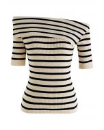 Folded Off-Shoulder Short-Sleeve Knit Top in Stripe