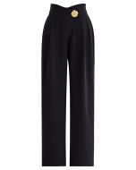 Golden Button Cross Waist Straight-Leg Pants in Black