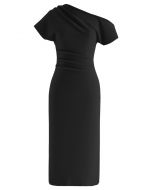 Slanted One-Shoulder Bodycon Dress in Black