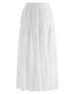 Tasseled Florets Embroidered Midi Skirt in White