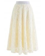 Flower Stitch Mesh Tulle Midi Skirt in Light Yellow