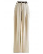 Satin Straight-Leg Pants with Faux Leather Belt in Champagne