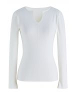 Notch Neckline Fitted Knit Top in Ivory