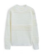 Stripe Embossed Openwork Knit Sweater in White