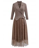 Collared V-Neck Knit Spliced Tulle Dress in Taupe