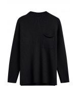 Patch Pocket Ribbed Knit Sweater in Black