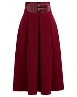 Belt Embellished High Waist Pleated Midi Skirt in Red