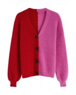 Bicolor Fuzzy Knit Button Up Cardigan in Red