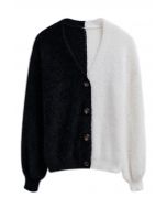 Bicolor Fuzzy Knit Button Up Cardigan in Black