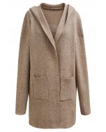 Patch Pockets Open Front Hooded Cardigan in Camel