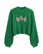 Gingerbread Man Patch Ribbed Sweater in Green