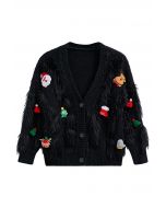 Christmas Elements Fluffy Knit Cardigan in Black