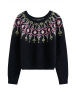 Newleaf Pattern Fuzzy Knit Sweater in Black