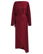 Satin Boat Neck Wrapped Waist Maxi Dress in Red