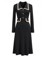 Collared Braided Edge Knit Midi Dress in Black