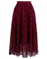 Sequin Embroidered Leaves Mesh Tulle Midi Skirt in Burgundy