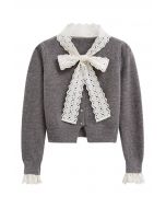 Embroidered Eyelet Bowknot Heart Button Fuzzy Knit Cardigan in Grey