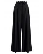 Trendy Tie-Waist Pleated Wide-Leg Pants in Black