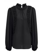 Ruffle Adorned Bubble Sleeves Chiffon Top in Black